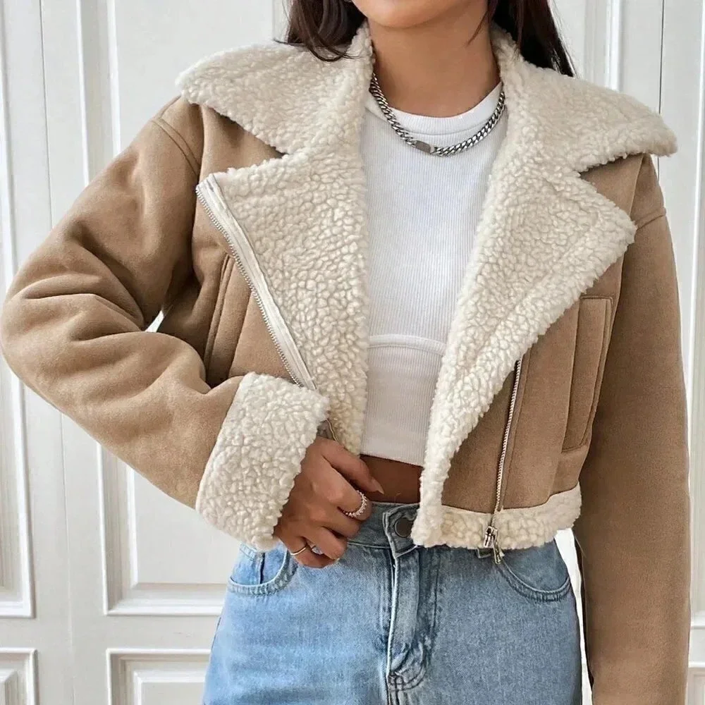 Khaki Casual Womens Teddy Lined Zip Up Moto Jacket